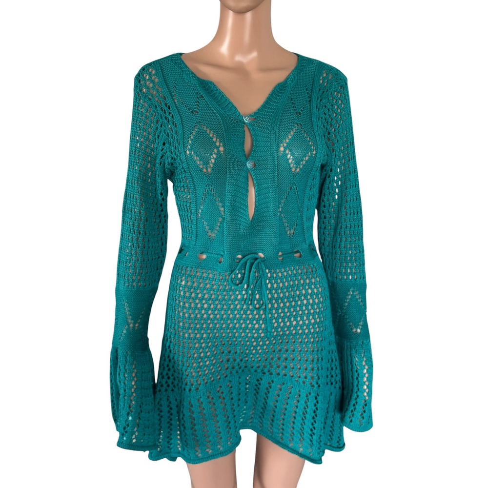 Handmade Boho Teal Crochet Knit Mini Dress Bell Sleeve S 70s Style Hippie Boho